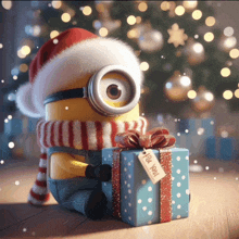 a minion wearing a santa hat and scarf is holding a gift with a tag that says " i love you "