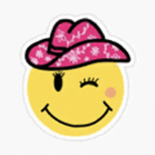 a smiley face wearing a pink cowboy hat winks .