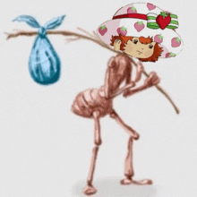 an ant wearing a strawberry shortcake hat carries a blue bag on its back