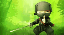 a cartoon ninja is holding a sword and making a gesture of silence .