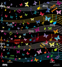 a colorful music note with butterflies on a black background