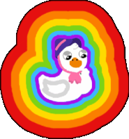 a drawing of a rubber duck with a pink scarf around its neck is surrounded by a rainbow