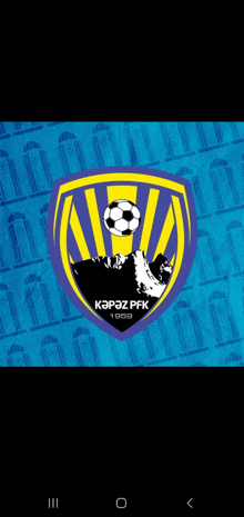 a blue and yellow shield with a soccer ball in the center