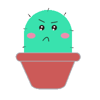 a green cactus in a red pot with an angry face on it