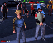 a man in a cowboy hat is standing next to another man in a video game with a dolphin in the background