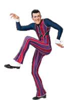 a man in a purple and red striped suit stands on one leg