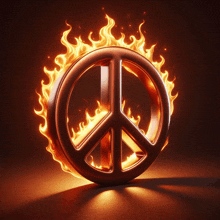 a peace sign is surrounded by flames of fire