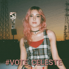 a woman with pink hair stands in front of a sign that says vote celeste