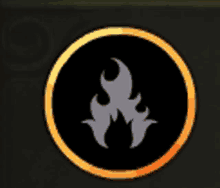 a black circle with a yellow border and a flame inside of it