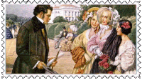 a postage stamp shows a man and three women in a park