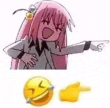 a girl with pink hair is pointing at a smiley face .