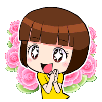 a cartoon of a girl with a yellow shirt and pink roses in the background