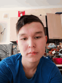 a young man in a blue shirt looks at the camera with a kitchen in the background