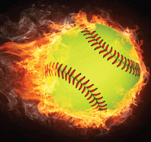 a yellow softball with red stitching on it is on fire