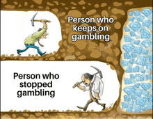 a person who keeps on gambling and a person who stopped gambling are shown in a cartoon