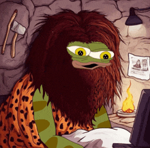 a cartoon of a caveman with a large beard looking at a laptop