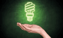 a hand is holding a glowing light bulb in front of a green chalkboard .