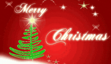 a merry christmas greeting card with a green christmas tree on a red background