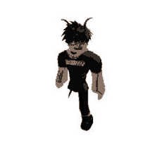 a roblox character is walking on a white background . he is wearing a black shirt and black pants .