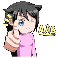 a girl in a pink shirt is giving a thumbs up and the word ajib is behind her