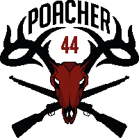 a logo for poacher 44 shows a deer skull and two crossed guns