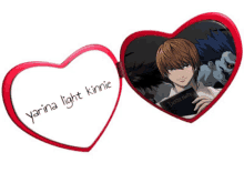 a heart shaped mirror with a picture of death note