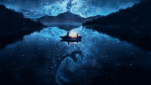 two people in a boat on a lake at night with mountains in the background