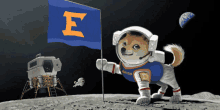 a dog in a space suit is holding a flag that says e on it