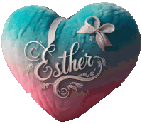 a blue and pink heart shaped pillow with the name esther on it