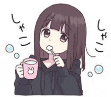 a girl is brushing her teeth while holding a pink cup of milk .