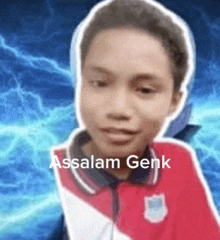 a young boy in a red and white shirt with the words assalamu genk written on the bottom .