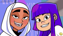 a cartoon drawing of two girls with purple hair and the word kid on the bottom