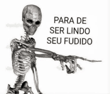 a skeleton is pointing at the camera with the words `` para de ser lindo seu fudido '' written above it .