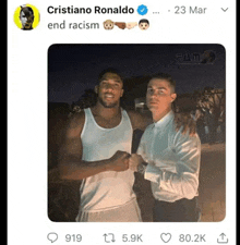 a tweet from cristiano ronaldo shows two men hugging each other