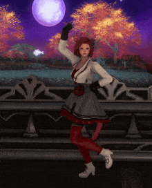 a woman in a red and white dress is dancing in front of a full moon