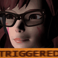 a woman wearing glasses is behind a sign that says triggered on it