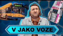 a man with a beard is standing in front of a sign that says v jako voze