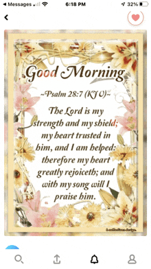 a phone screen shows a good morning message from psalm 28