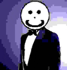 a pixel art of a man in a tuxedo with a smiley face on his face .