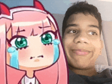 a man is smiling in front of a crying anime girl with green eyes