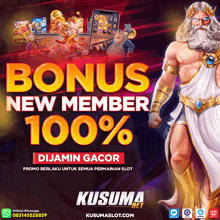 a poster that says bonus new member 100 % with a picture of zeus on it