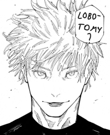 a black and white drawing of a man with a speech bubble saying lobo-tomy