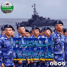 a poster for fuerza naval shows a group of soldiers in front of a ship