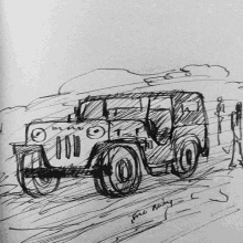 a drawing of a jeep with the number 14 on the front