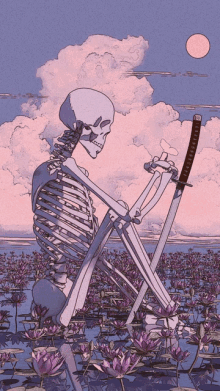 a skeleton holding two swords in a field of flowers