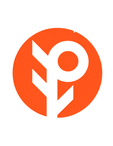 an orange circle with a white letter p in the center