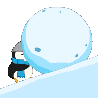 a penguin wearing a scarf is pushing a large snowball