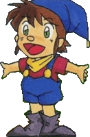 a cartoon character is wearing overalls and a hat