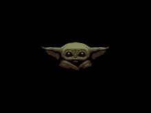 a cartoon drawing of a baby yoda with big eyes on a black background