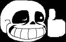 a pixel art drawing of a skull with a thumbs up .